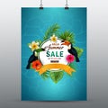 Summer Sale Banner Template for your BusinessSummer sale banner with tropical flowers and leaves. Toucan and Exotic Leaves on Natu Royalty Free Stock Photo