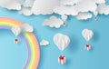 Illustration summer season landscape with a rainbow on blue sky background. Balloons gift floating on air with paper art.Creative