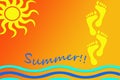 Illustration about summer time with the image of the sun, waves and footprints on a warm background in orange and yellow tones.