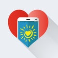 Illustration of the sun on the blue screen of a phone on a red heart with a white background Royalty Free Stock Photo