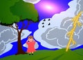 Illustration Of Sun And Cloud With Thunder, And A Girl Scare .