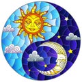 Stained glass illustration with  sun and moon on sky background in the form of Yin Yang sign, circular image Royalty Free Stock Photo