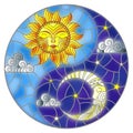 Stained glass illustration with sun and moon on sky background in the form of Yin Yang sign, circular image Royalty Free Stock Photo