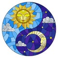 Stained glass illustration with sun and moon on sky background in the form of Yin Yang sign, circular image Royalty Free Stock Photo