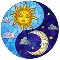 Stained glass illustration with sun and moon on sky background in the form of Yin Yang sign, circular image Royalty Free Stock Photo