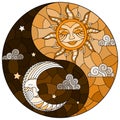 Stained glass illustration with  sun and moon on sky background in the form of Yin Yang sign, circular image, tone brown, monochro Royalty Free Stock Photo