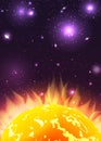 Illustration of the sun with rays in space with stars Royalty Free Stock Photo