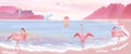 Illustration of the sun rises from the sea, and the flamingos and blue whales play on the beaches of the island of Hawaii.