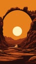 an illustration of the sun rising over a canyon in the desert