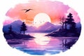 Sunrise water illustration nature river summer morning lake tree sky forest background landscape Royalty Free Stock Photo