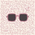 Illustration of sunglasses. Summer poster of glasses in a circle doodle background. The pattern of sunglasses from the