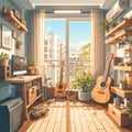 Illustration of a Sunny Room with a Guitar, Plants, and a Desk Royalty Free Stock Photo