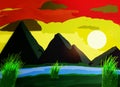 Illustration Of Sunrise, At Mountain Side, With River, And Green Grass ,On Landscapes Background. Royalty Free Stock Photo