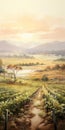 Picturesque Watercolor Painting Of Vineyard Fields And Rolling Hills