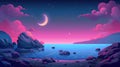 An illustration of sunrise on a shallow sea with a crescent moon. Beautiful view, a nature 2D landscape for a game Royalty Free Stock Photo