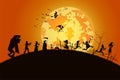 Illustration sunset background concept,many people with men and women wearing as ghost and devil for festival halloween