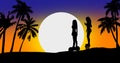 Illustration on a sunset background silhouettes of girls