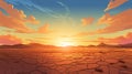 Illustration of a sunset over a cracked desert somewhere on Earth, due to the lack of water and rising air temperatures Royalty Free Stock Photo