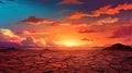 Illustration of a sunset over a cracked desert somewhere on Earth, due to the lack of water and rising air temperatures Royalty Free Stock Photo