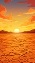 Illustration of a sunset over a cracked desert somewhere on Earth, due to the lack of water and rising air temperatures Royalty Free Stock Photo