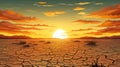 Illustration of a sunset over a cracked desert somewhere on Earth, due to the lack of water and rising air temperatures Royalty Free Stock Photo