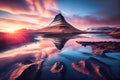 illustration sunset over fantastic evening with the Kirkjufell volcano. Generative AI