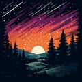 an illustration of a sunset with pine trees and stars Royalty Free Stock Photo