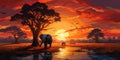 Illustration of sunset savannah, elephants the background of plants wildlife. Generative AI