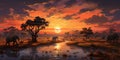 Illustration of sunset savannah, elephants the background of plants wildlife. Generative AI