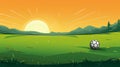 Illustration of a sunset with a soccer ball on a green field Royalty Free Stock Photo