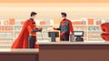 Illustration of a Superhero Buying and Selling Products in a Supermarket