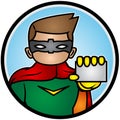 Illustration of a superhero showing card