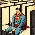 Illustration of a superman sitting in the office. Retro style.