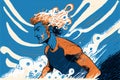 Illustration of a surfer on orange and blue ocean, creative digital illustration painting