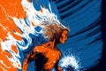 Illustration of a surfer on orange and blue ocean, digital illustration painting artwork