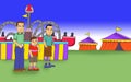 colored illustration of a surprised boy at a carnival fairground while a frightened boy looks at his guard\'s hand