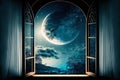 Surreal fairy tale art background view from room, digital illustration painting