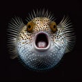 Illustration of surrealistic pufferfish with opened mouth on black background. Generate Ai