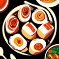 Illustration of sushi and rolls in a plate on a black background AI generated Royalty Free Stock Photo