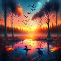 Illustration of a swamp with birds at sunset in the autumn season AI Generated Royalty Free Stock Photo