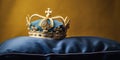 Illustration of Swedish Royal Crown on pillow on swedish flag colours background. Symbols of Sweden monarchy. Generative AI