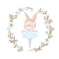 Illustration of a sweet bunny surrounded by beautifull blue flowers wreath. Dancilg little rabbit wearing blue tutu ans