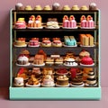 Illustration of Sweet pastries with berries. Showcase in a candy store. Glass stand with cake eclairs and tartlets