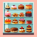 Illustration of Sweet pastries with berries. Showcase in a candy store. Glass stand with cake eclairs and tartlets