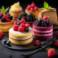 Mousse cake with sponge cake and cream at the black background