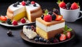 Mousse cake with sponge cake and cream at the black background