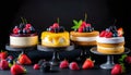 Mousse cake with sponge cake and cream at the black background