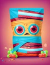 illustration of a sweet, wide-eyed mummy wrapped in colorful bandages, offering a candy bar
