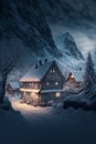 Illustration of Swill Alps village with Christmas lights at winter night with mountains at the background. AI generated Royalty Free Stock Photo