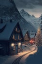 Illustration of Swill Alps village with Christmas lights at winter night with mountains at the background. AI generated Royalty Free Stock Photo